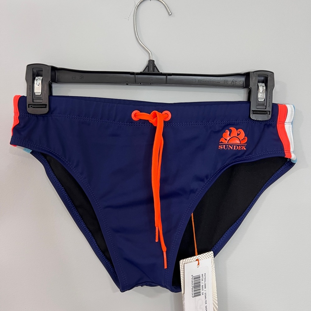 NWT Sundek Men’s Swim Brief. Blue with orange, white, light blue strips.